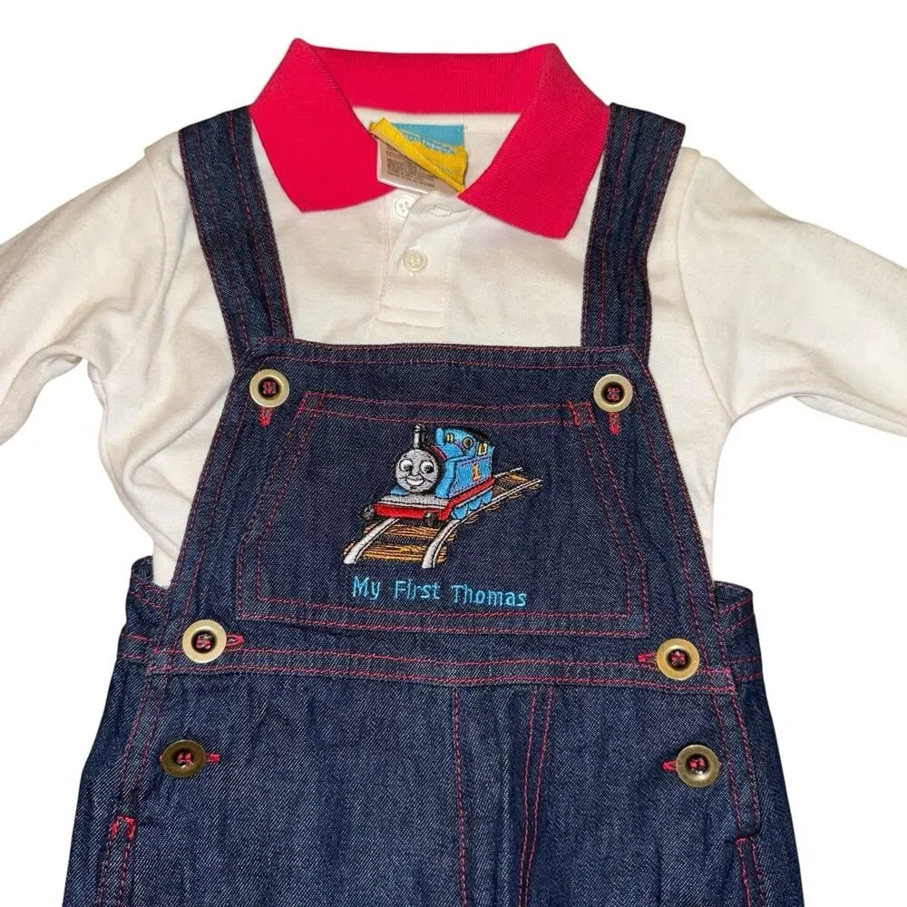 NWT Vintage Y2K Boys Thomas The Train Overalls Denim And Shirt Embroidered‎ 12m